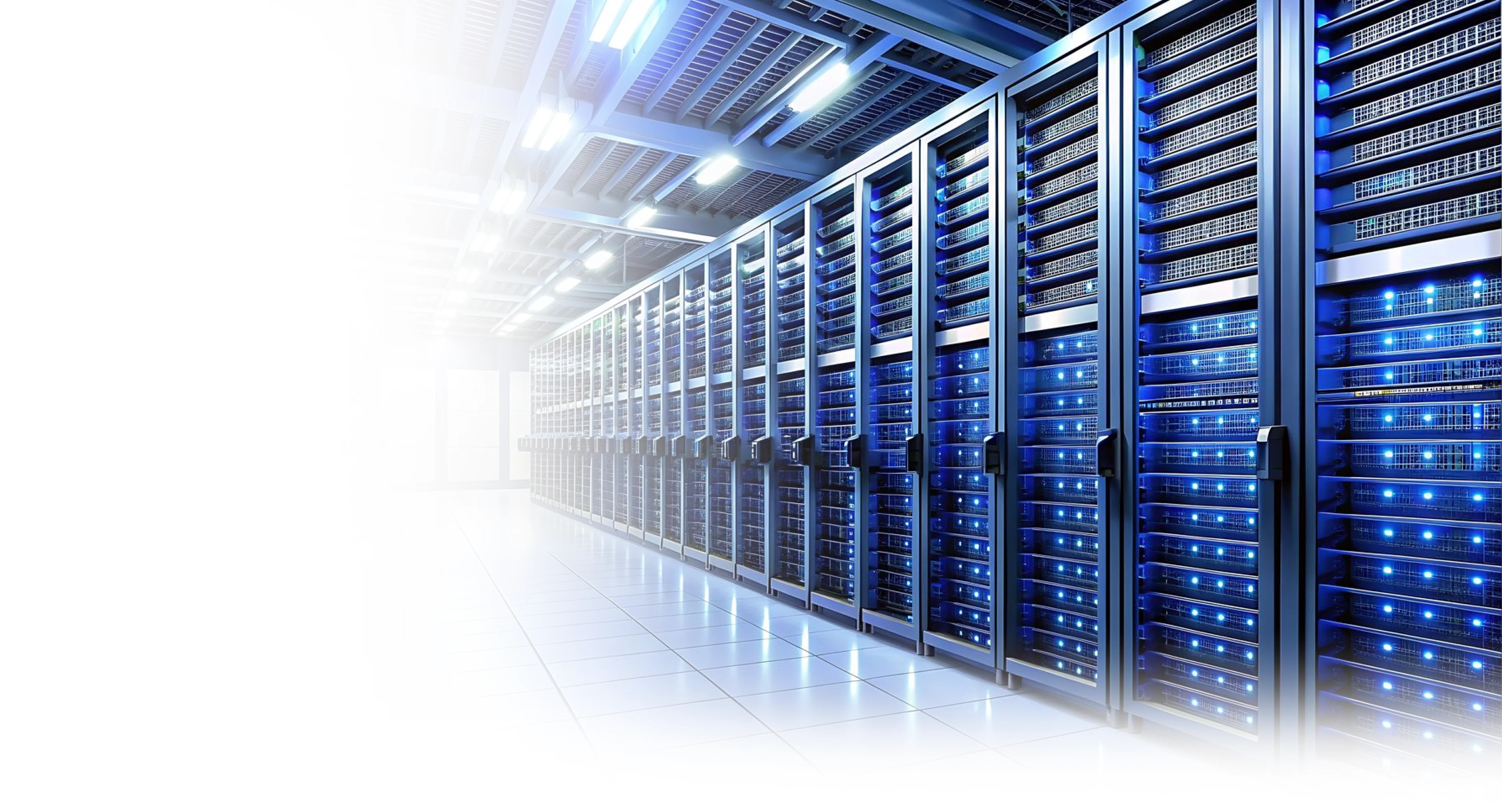 Hyperscale technology enterprise server room with glowing blue and green data racks
